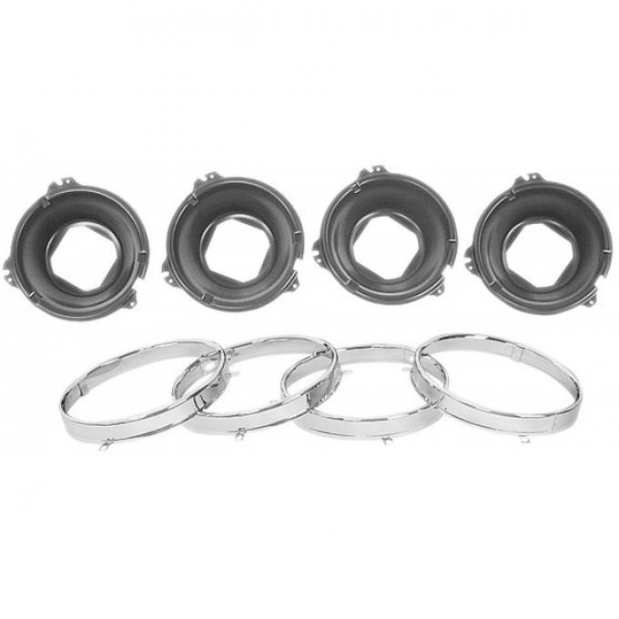 Redline Restomotive® Chevelle/El Camino 64-69, GTO 66-70 Headlamp Bucket & Rings Set (Incl. 4 Buckets & Retaining Rings) LG-00-2096-A