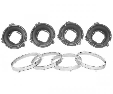 Redline Restomotive® Chevelle/El Camino 64-69, GTO 66-70 Headlamp Bucket & Rings Set (Incl. 4 Buckets & Retaining Rings) LG-00-2096-A